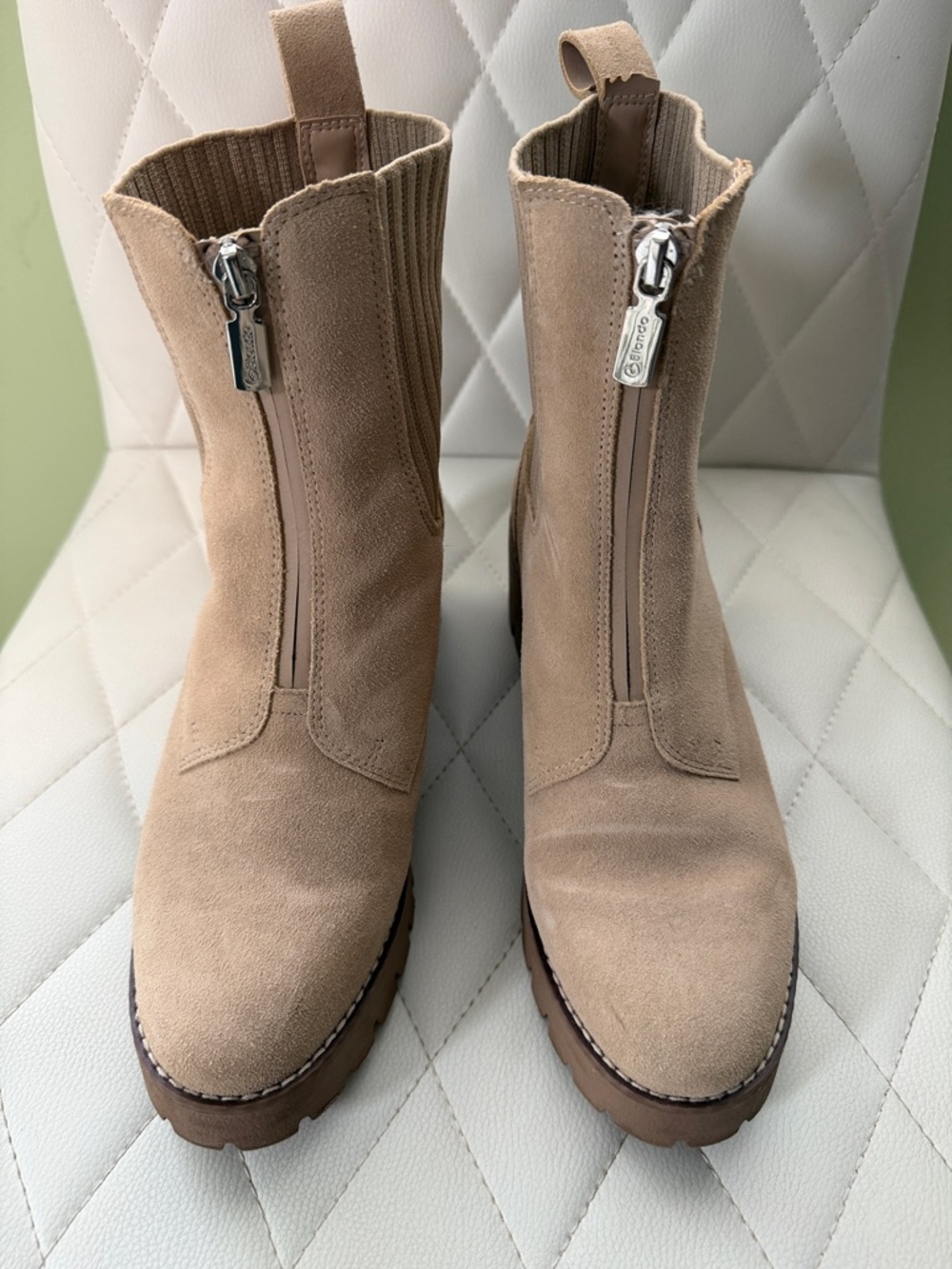 Blondo Tan Suede Front-Zip Ankle Booties